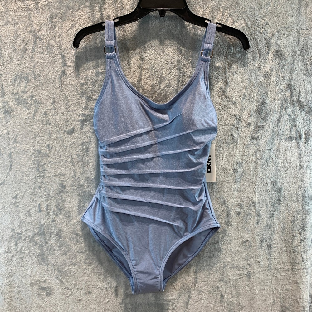DKNY Women Blue Shimmer Ruched One Piece Swimsuit DIMMS084 Size S New - Picture 1 of 7